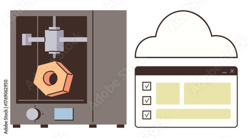3D printer crafting a polygonal object, synchronized with a web dashboard and cloud storage. Ideal for technology, innovation, manufacturing, design, automation, prototyping, simple flat metaphor