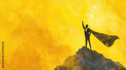 Businessman in Suit with Cape Standing Triumphantly on Mountain Peak