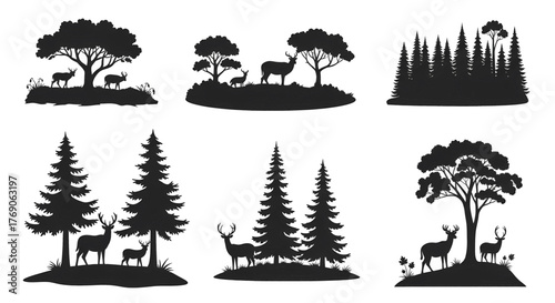 Silhouettes of Deer and Trees in Natural Forest Scenes.