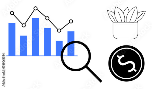 Bar chart with line graph analyzing trends, magnifying glass for searching insights, dollar sign for financial growth, potted plant signifying sustainability. Ideal for research, finance, growth