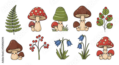 A cute collection of hand-drawn cartoon mushroom characters and various forest plants and flowers.