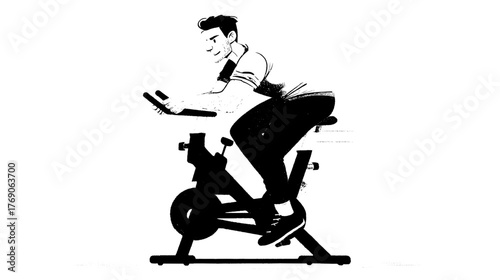 Minimal cyclist: yellow tee, purple tights on white, clean lines capture effortless motion, perfect for fitness-app splash, class cover or motivational poster.