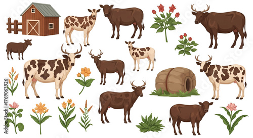 Various Cartoon Cows and Bulls with Spotted and Brown Coats.