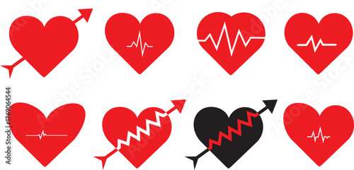  Red Heart Icon Collection – Flat, Line, and Broken Heart Symbols for Valentine’s Day, Love, and Health Design Themes.