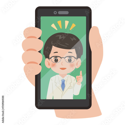 オンライン診療でスマートフォン画面に表示された男性医師イラスト／Male Doctor Illustration on Smartphone Screen for Online Consultation