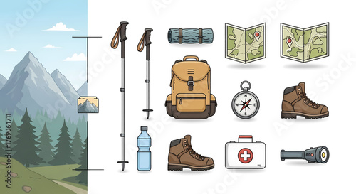 Hiking and Trekking Equipment Collection: Backpack Boots Map Compass and Accessories.