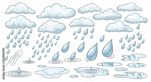 Cartoon Clouds Releasing Raindrops and Forming Puddles.