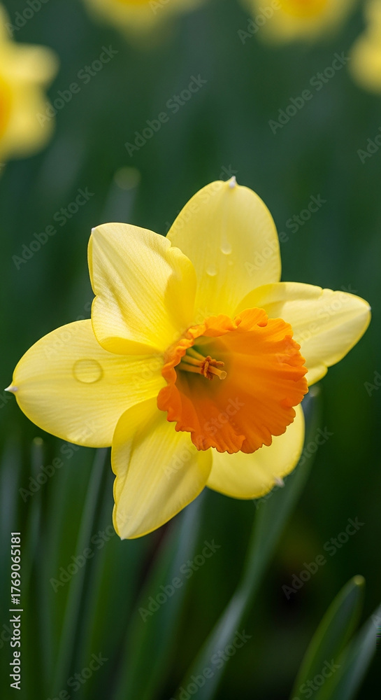 Fototapeta premium Bright Yellow Daffodil with Orange Trumpet and Water Droplets flower