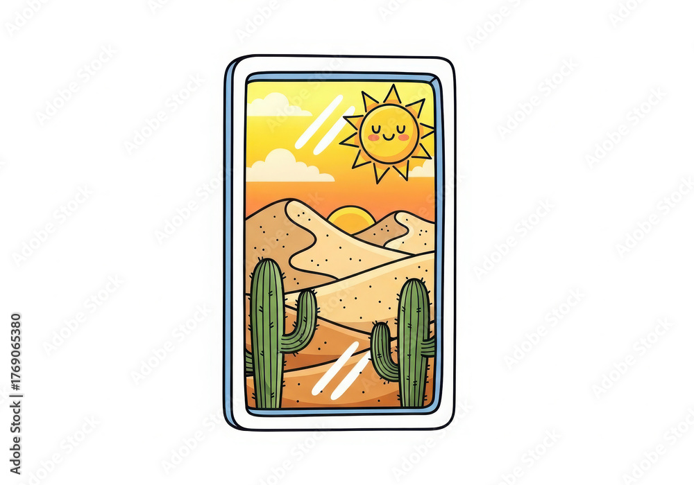 Obraz premium Vibrant hand drawn desert landscape with cacti and sun displayed on a smartphone screen