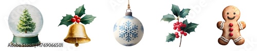 Watercolor Christmas clipart set with snow globe, bell, ornament, holly, gingerbread, set on transparent background