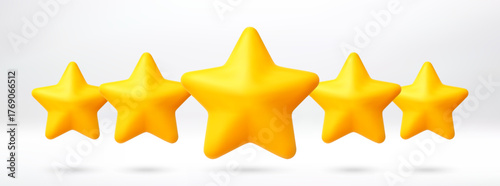 Five gold star review rating in 3d render illustration for customer satisfaction survey and ranking experience. Feedback or quality assessment. Vector illustration