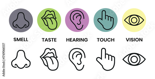 Human senses icon set. Vision eye, smell nose, hearing ear, touch hand, taste mouth with tongue. Simple line icons and black circle. Five senses of human nervous system. Vector illustration. 