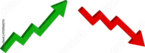 Green up and red down 3d arrow graph showing rising, descending trend, business result, profit or loss symbol symbol. Business arrow, goals concept. 3d world money symbols. Financial growth vector .