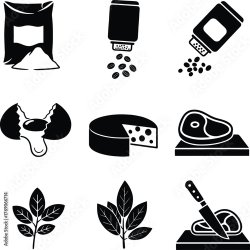 Black and white icons of food ingredients and cooking preparation vector