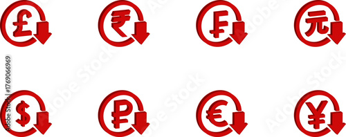 Green up and red down 3d arrow graph showing rising, descending trend, business result, profit or loss symbol symbol. Business arrow, goals concept. 3d world money symbols. Financial growth vector .