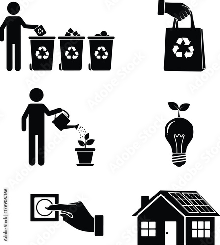 Black icons depicting recycling planting lightbulb switch and solar powered house waste trash