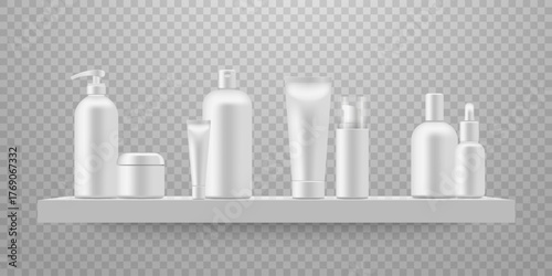 Realistic cosmetic bottle standing on shelf, vector beauty product packaging mockup for skincare, lotion, shampoo, or cosmetic branding design.