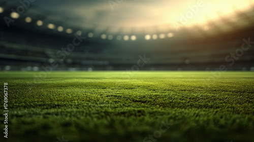 An empty football stadium bathed in bright light, the perfectly manicured grass field invites imagination