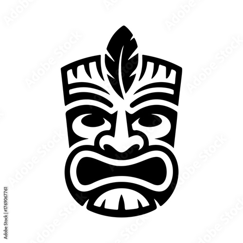 Tiki tribal wooden mask set and Tiki mug. Hawaiian traditional elements. Colored, wooden and black and white silhouette. Vector illustration