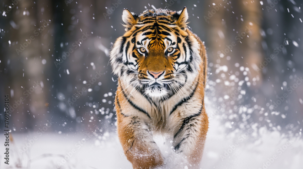 Fototapeta premium Tiger face running in snow. Amur tiger in wild winter nature. Action wildlife scene, dangerous animal. Cold winter in taiga, Russia. Snowflakes with beautiful Siberian tiger, Panthera tigris altaica