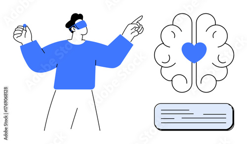 Man using VR headset gestures near brain image with heart symbol. Ideal for technology, innovation, emotional intelligence, learning, psychology, creativity, futuristic concepts. Clean flat metaphor