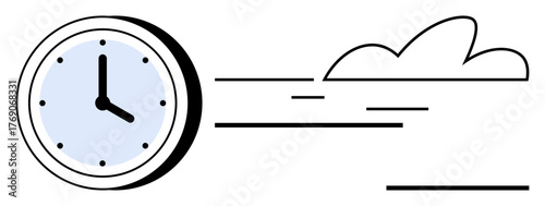 Clock face with speed lines alongside a cloud, illustrating time, urgency, progress, and efficiency. Ideal for deadlines, time management, speed, productivity workflow innovation simple flat