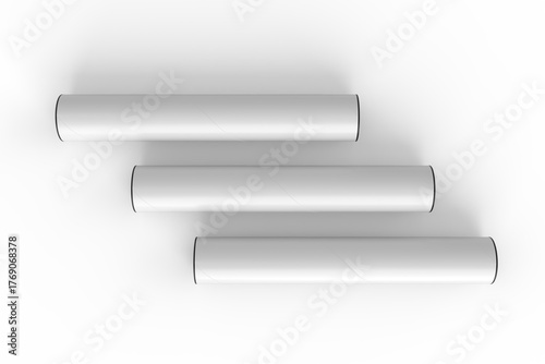 3D Realistic white tube paper mockup with black caps on both ends, isolated on background. Blank paper tube for showcasing artwork, poster, shipping posters, artwork, documents or parcel packaging