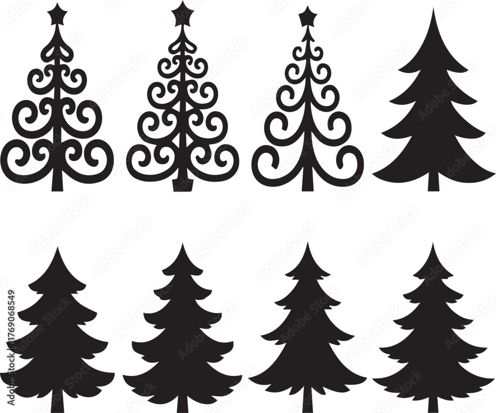 Obraz premium Eight black silhouette Christmas trees with varied designs and shapes on a white background holiday