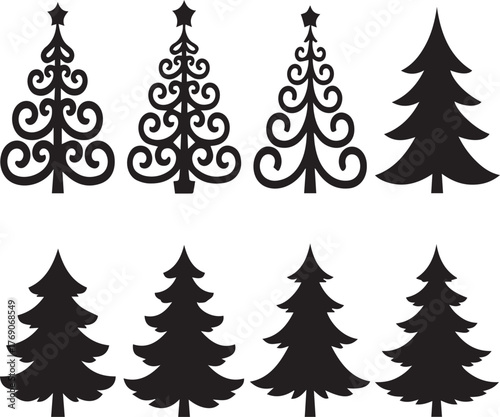 Eight black silhouette Christmas trees with varied designs and shapes on a white background holiday
