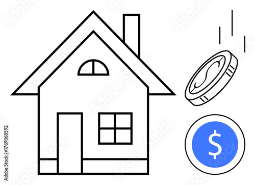 House outline and coins highlight investment, savings, mortgage, and homeownership. Ideal for finance, real estate, loans, budgeting economic stability wealth building. Simple flat metaphor