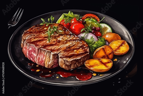 steak with vegetable, tomato, and potato on plate vector illustration with black isolated background for food and restaurant concept