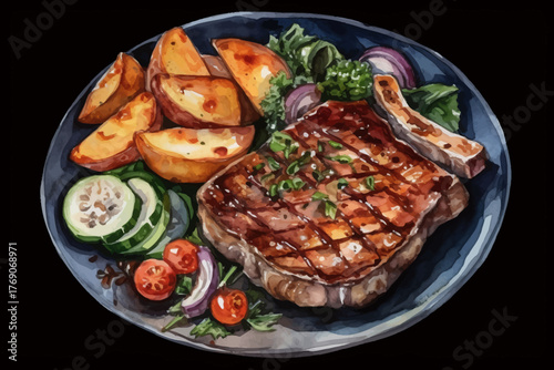 steak with vegetable, tomato, and potato on plate vector illustration with black isolated background for food and restaurant concept