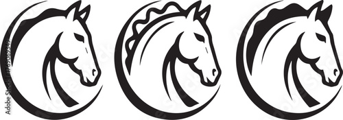 Three black and white stylized horse heads in profile within circular frames horses animal