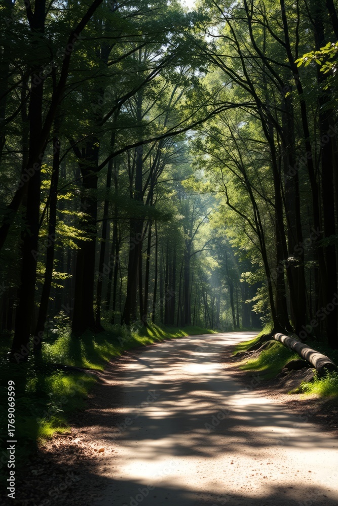 Obraz premium Sun-Dappled Path: An inviting, sun-dappled path winds its way through a lush forest, creating a sense of serenity and exploration. The image draws you in.
