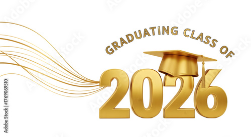 Golden graduating class of 2026 with cap isolated on transparent background. celebrating academic achievement and future success.
