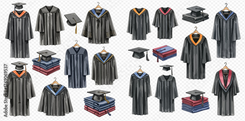 Collection of academic regalia including graduation gowns, caps, and colorful stoles for various degrees and ceremonies.