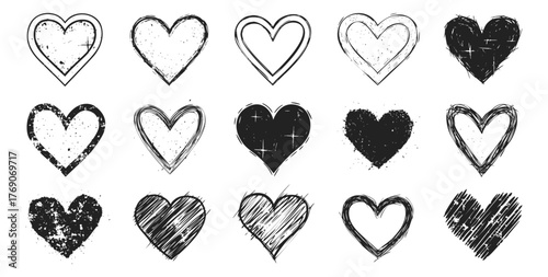 Set of hand-drawn heart icons grunge and textured vector design elements perfect for Valentine's Day or expressing love