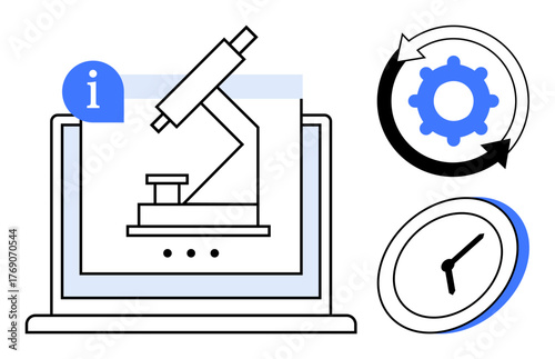 Microscope on laptop screen, settings gear with cyclical arrows, and clock. Ideal for research, innovation, efficiency, technology, time management process optimization productivity. Clean flat