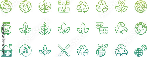 Set of ecofriendly and sustainability icons, including recycling, earth, and plant symbols