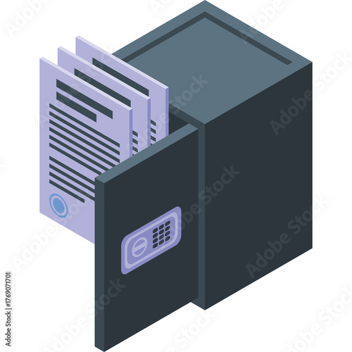 Photography Isometric Illustration of a Dark Grey Metal Safe with Documents Inside and a Dig