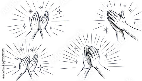 Set of four hand drawn illustrations of clapping hands with radiating lines and stars