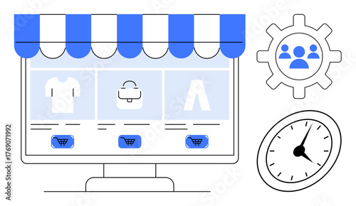 Desktop screen displays an online store, blue and white striped canopy, shopping cart icons, gear with user icons, and clock. Ideal for e-commerce, retail, shopping, digital tools time management