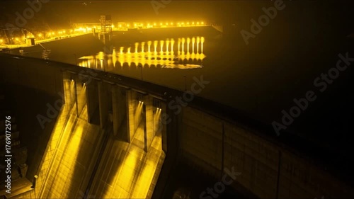 Illuminated Dam at Night Showcasing Hydroelectric Power Generation and Water Resource Management