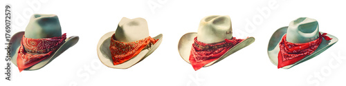 Watercolor cowboy hats with red bandanas, clipart set on transparent background