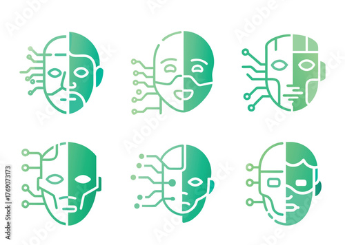 Set of futuristic faces representing artificial intelligence and technological advancement
