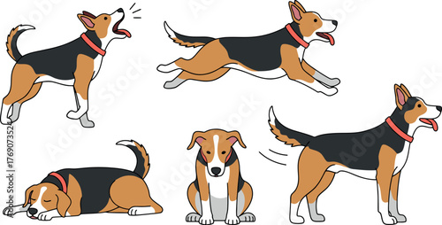 Various poses of adorable beagle dogs in different actions and positions.