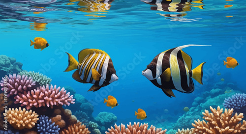 Colorful Tropical Fish Swimming Among Coral Reefs in a Vibrant Blue Ocean Environment.