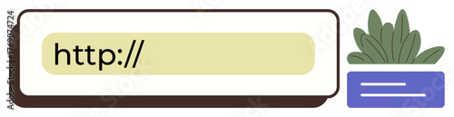 Address bar with highlighted http text, paired with a plant in a purple planter. Ideal for internet browsing, web design, online communication, navigation, modern technology, eco-design, simple flat