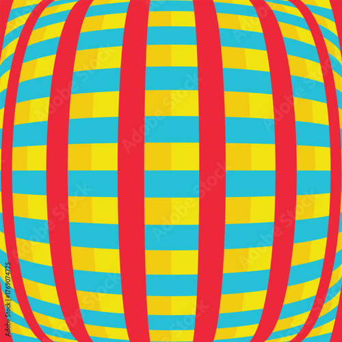 Warped globe grid of bold rainbow bands pattern