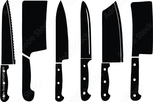 Vintage knives icons. Meat knife, fork, Butcher chef knife. Kitchen Knives Including Chef Paring and Bread Knives Displayed on a Clean White Background. EPS 10